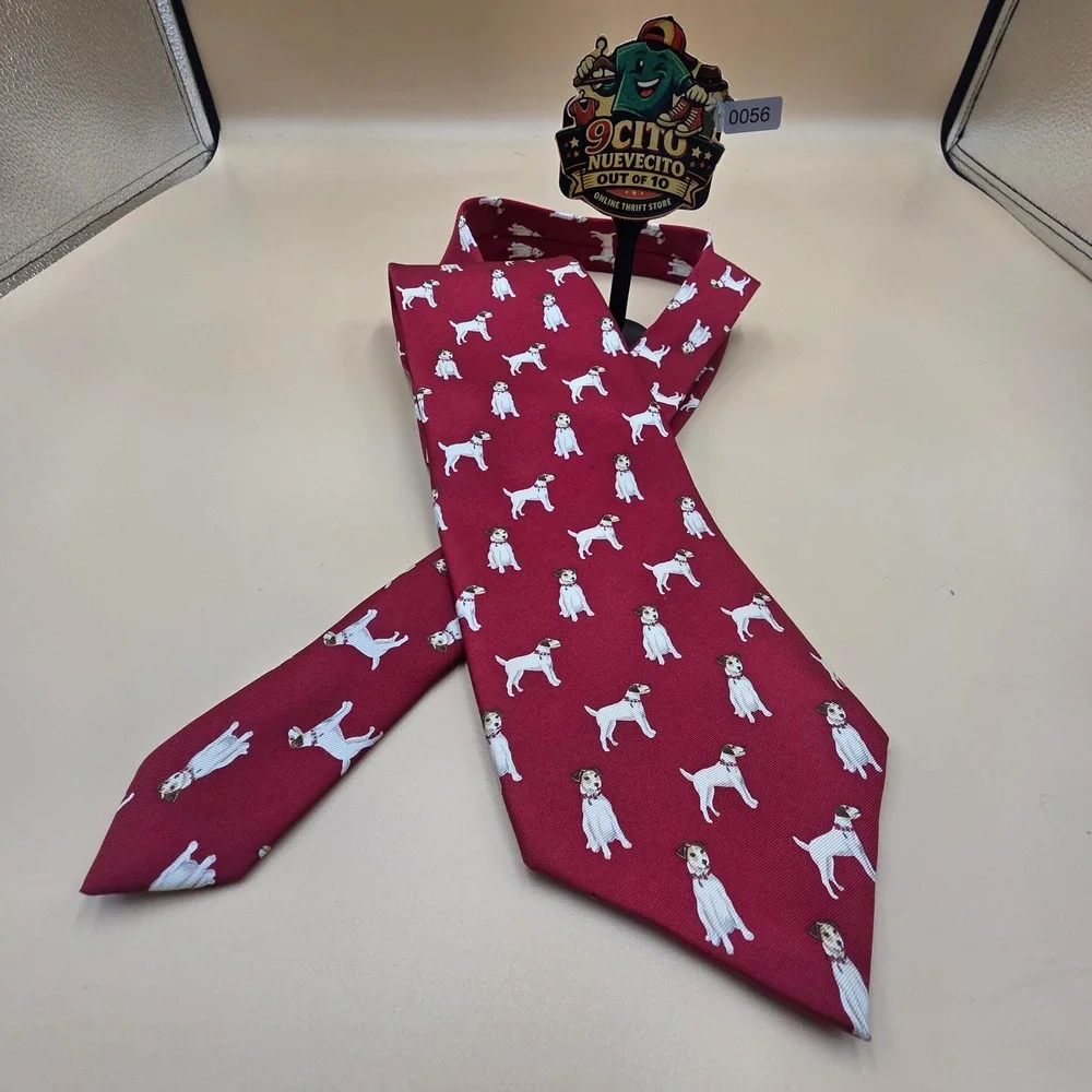 Coach Mens Silk Necktie Burgundy Red Jack Russell Terrier Dog Pattern Tie